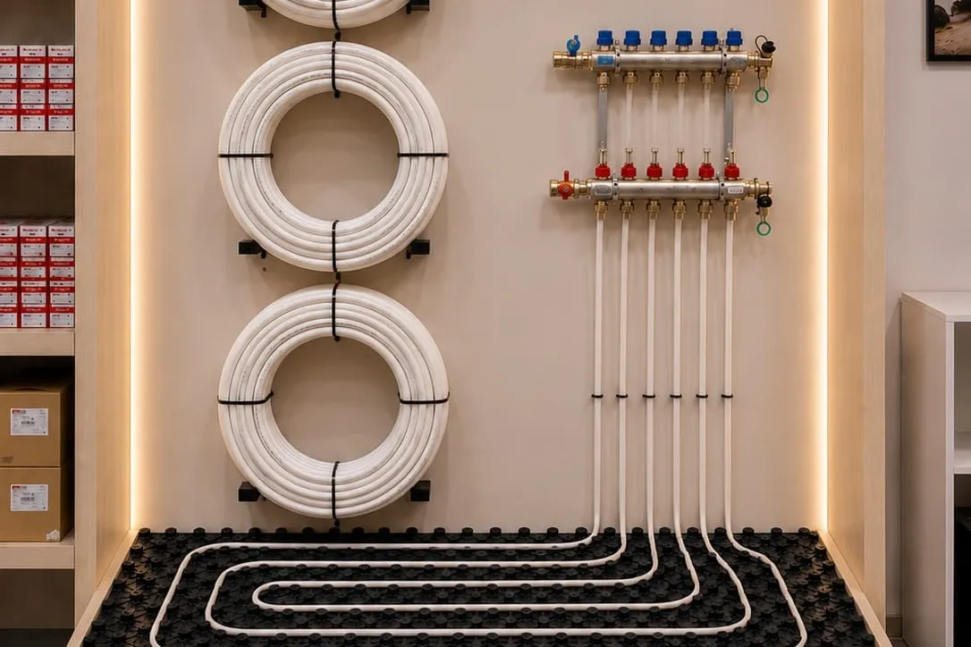 Maincor underfloor heating system on display in the Germania showroom: pipe coils, manifold and floor loops